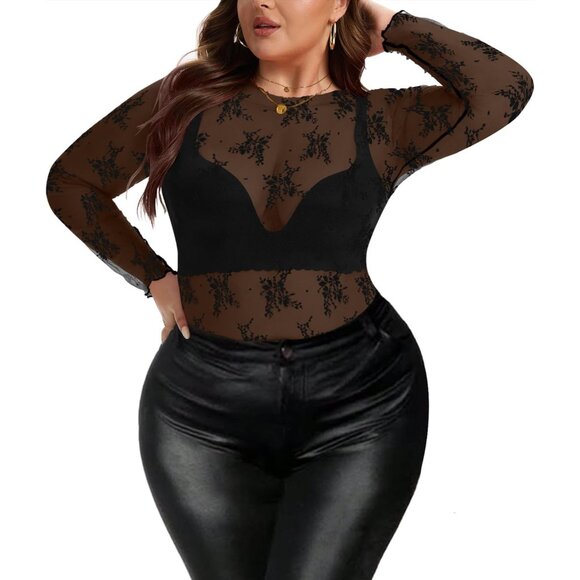Women's Plus Size Sheer Lace Mesh Blouse Long Sleeve Mock Neck Top - Picture 1 of 3